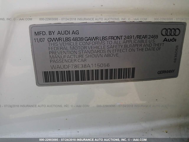 WAUDF78E38A115056 - 2008 AUDI A4 2.0T QUATTRO WHITE photo 9