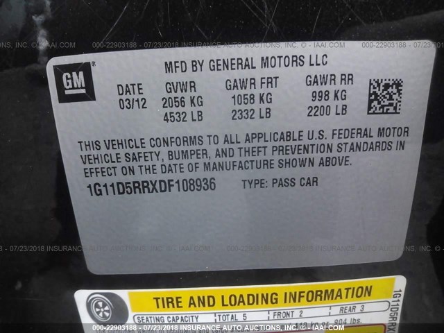 1G11D5RRXDF108936 - 2013 CHEVROLET MALIBU 1LT 黑色 照片 9