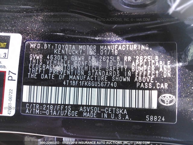 4T1BF1FK6GU567740 - 2016 TOYOTA CAMRY LE/XLE/SE/XSE 黑色 照片 9