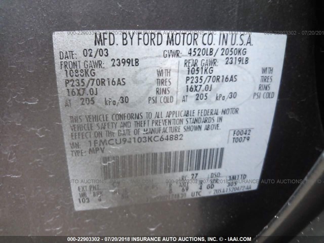 1FMCU94103KC64882 - 2003 FORD ESCAPE LIMITED GRAY photo 9