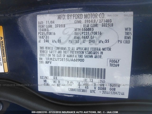 1FMZU73E15UA68900 - 2005 FORD EXPLORER XLT/XLT SPORT/NBX 蓝色 照片 9