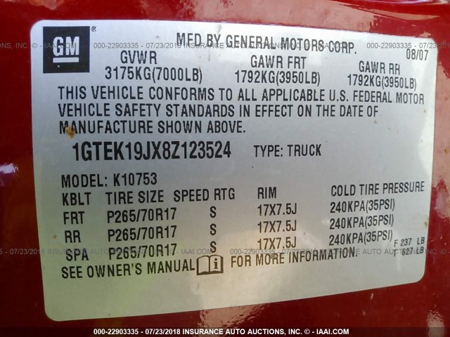 1GTEK19JX8Z123524 - 2008 GMC SIERRA K1500 RED photo 9