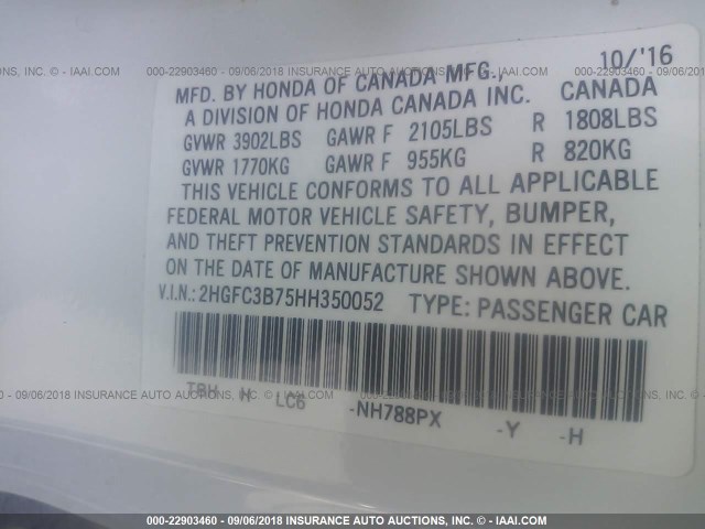 2HGFC3B75HH350052 - 2017 HONDA CIVIC EXL 白色 照片 9