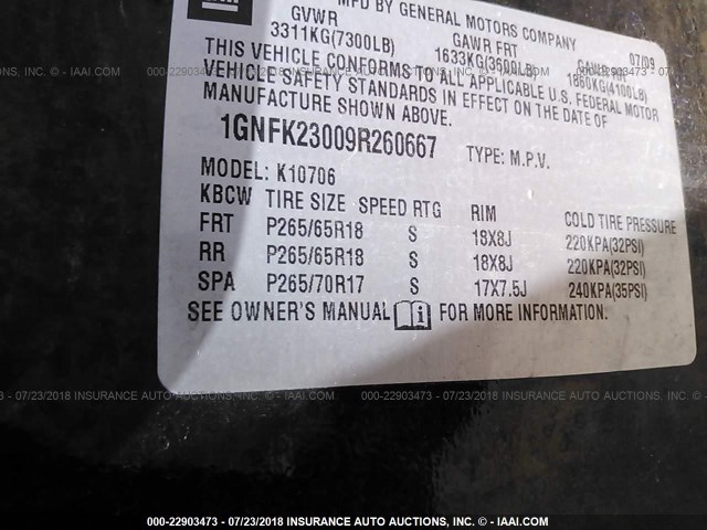 1GNFK23009R260667 - 2009 CHEVROLET TAHOE K1500 LT BLACK photo 9