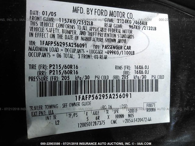 1FAFP56295A256091 - 2005 FORD TAURUS SEL 黑色 照片 9