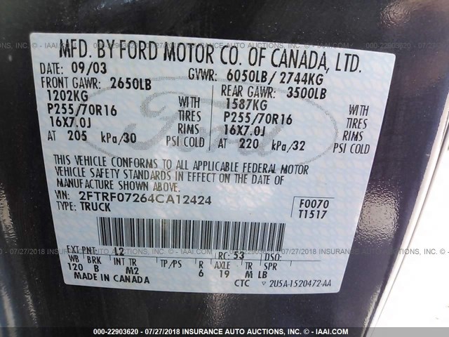 2FTRF07264CA12424 - 2004 FORD F-150 HERITAGE CLASSIC BLUE photo 9