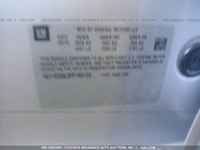 1G11C5SL2FF169130 - 2015 CHEVROLET MALIBU 1LT ვერცხლისფერი ფოტო 9