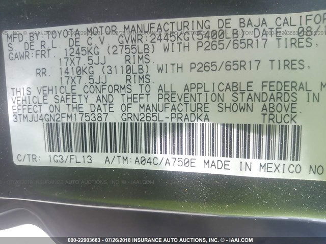 3TMJU4GN2FM175387 - 2015 TOYOTA TACOMA DOUBLE CAB PRERUNNER GRAY photo 9