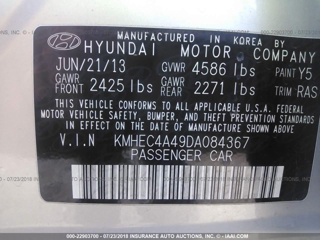 KMHEC4A49DA084367 - 2013 HYUNDAI SONATA HYBRID SILVER photo 9