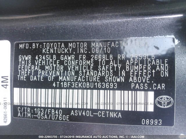 4T1BF3EK0BU163693 - 2011 TOYOTA CAMRY SE/LE/XLE GRAY photo 9