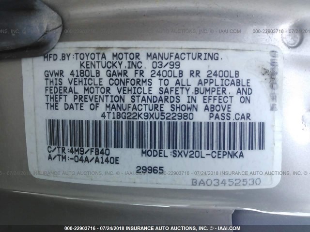 4T1BG22K9XU522980 - 1999 TOYOTA CAMRY CE/LE/XLE ოქროსფერი ფოტო 9