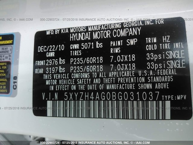 5XYZH4AG0BG031037 - 2011 HYUNDAI SANTA FE SE WHITE photo 9