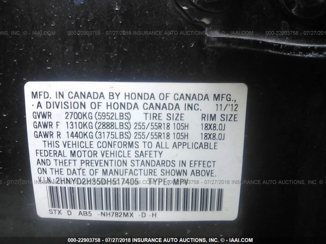 2HNYD2H35DH517405 - 2013 ACURA MDX TECHNOLOGY GRAY photo 9