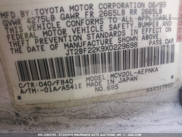 JT2BF22K9X0229698 - 1999 TOYOTA CAMRY LE/XLE 白色 照片 9