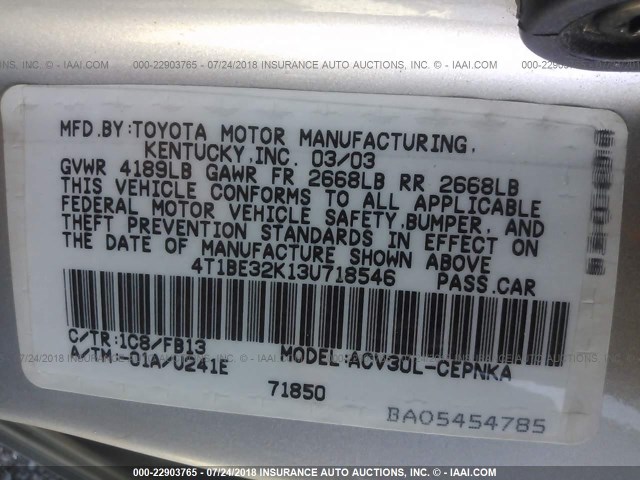 4T1BE32K13U718546 - 2003 TOYOTA CAMRY LE/XLE/SE 银色 照片 9