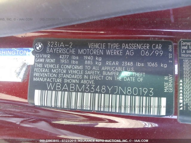 WBABM3348YJN80193 - 2000 BMW 323 CI MAROON photo 9
