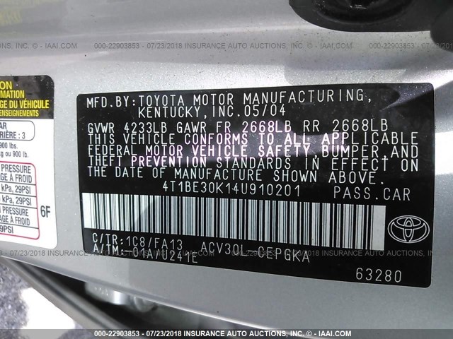 4T1BE30K14U910201 - 2004 TOYOTA CAMRY LE/XLE/SE 银色 照片 9