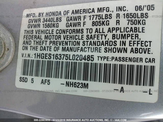 1HGES16375L020485 - 2005 HONDA CIVIC DX VP SILVER photo 9