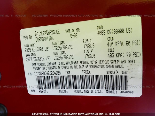 1D7KS28C46J234289 - 2006 DODGE RAM 2500 ST/SLT 红色 照片 9
