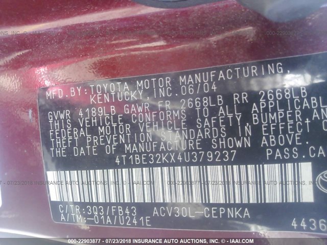 4T1BE32KX4U379237 - 2004 TOYOTA CAMRY LE/XLE/SE Tünd qırmızı foto 9