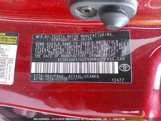 4T1BE46K47U059366 - 2007 TOYOTA CAMRY NEW GENERAT CE/LE/XLE/SE RED photo 9