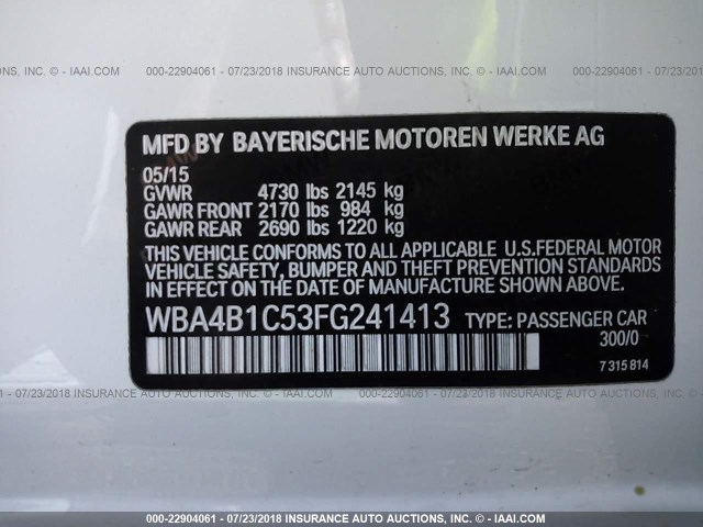 WBA4B1C53FG241413 - 2015 BMW 435 I/GRAN COUPE WHITE photo 9