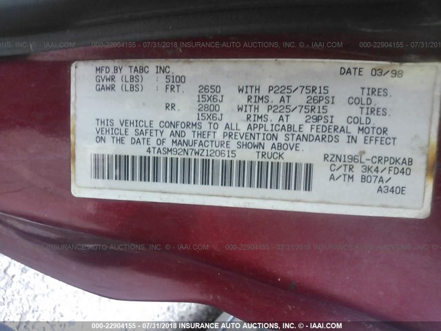 4TASM92N7WZ120615 - 1998 TOYOTA TACOMA XTRACAB PRERUNNER BURGUNDY photo 9