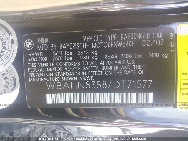 WBAHN83587DT71577 - 2007 BMW 750 BLACK photo 9