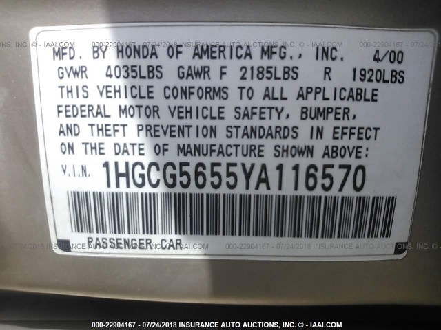 1HGCG5655YA116570 - 2000 HONDA ACCORD EX GOLD photo 9