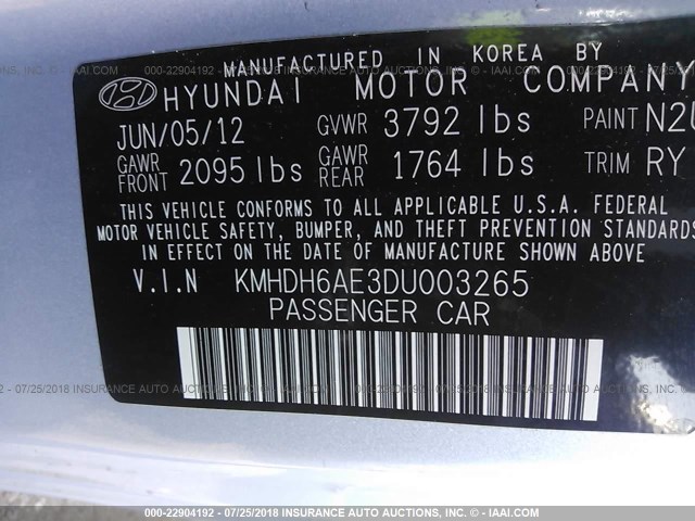 KMHDH6AE3DU003265 - 2013 HYUNDAI ELANTRA COUPE GS/SE Light Blue photo 9