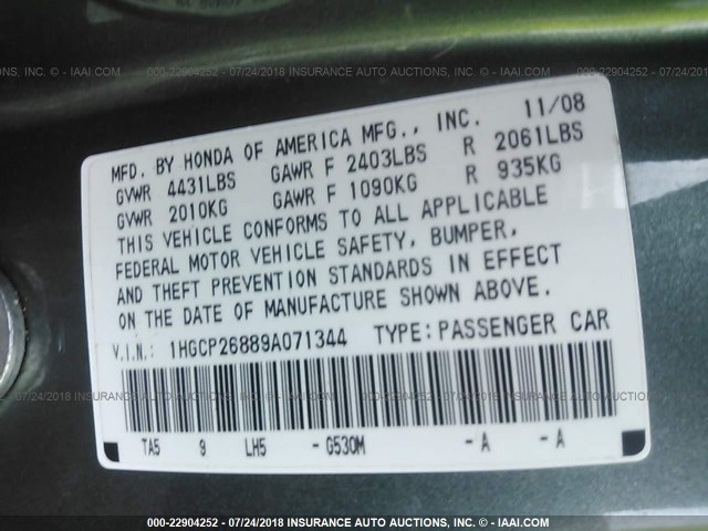 1HGCP26889A071344 - 2009 HONDA ACCORD EXL GREEN photo 9