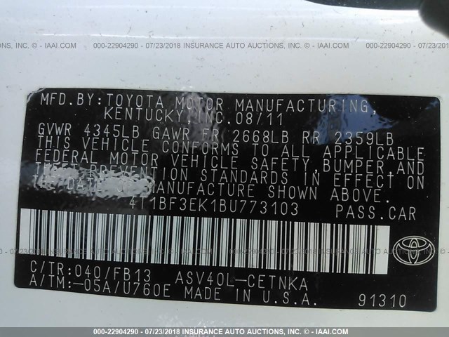 4T1BF3EK1BU773103 - 2011 TOYOTA CAMRY SE/LE/XLE თეთრი ფოტო 9