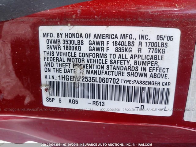 1HGEM22535L060702 - 2005 HONDA CIVIC LX RED photo 9