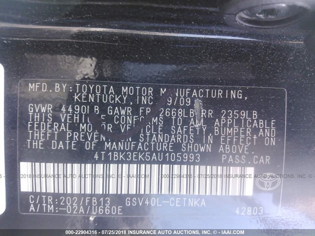 4T1BK3EK5AU105993 - 2010 TOYOTA CAMRY SE/LE/XLE 黑色 照片 9