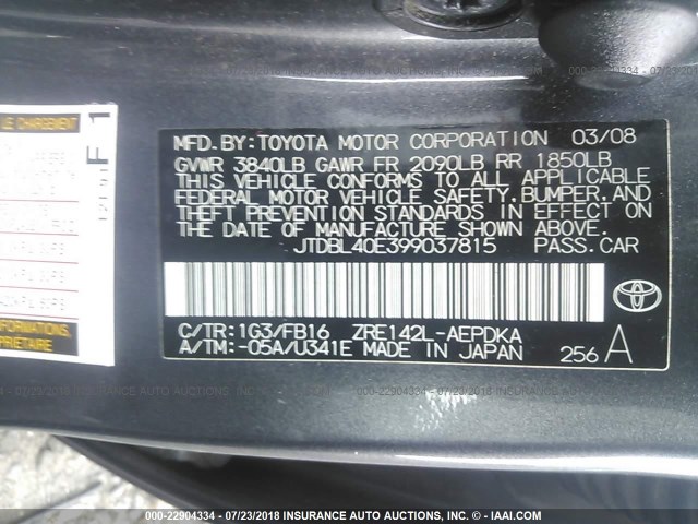 JTDBL40E399037815 - 2009 TOYOTA COROLLA LE/XLE GRAY photo 9