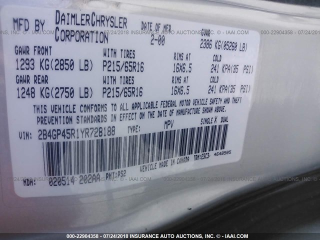 2B4GP45R1YR728188 - 2000 DODGE CARAVAN SE/SPORT SILVER photo 9