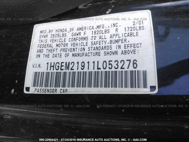 1HGEM21911L053276 - 2001 HONDA CIVIC SI/EX BLACK photo 9