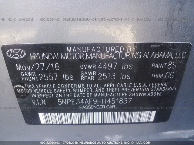 5NPE34AF9HH451837 - 2017 HYUNDAI SONATA SPORT/LIMITED GRAY photo 9