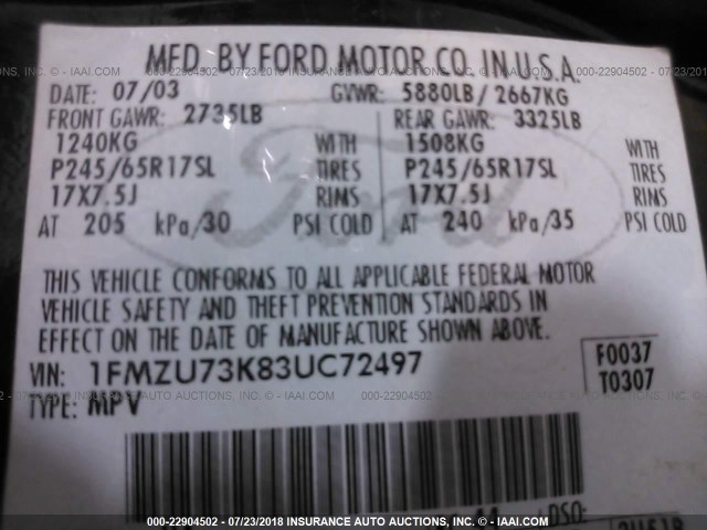 1FMZU73K83UC72497 - 2003 FORD EXPLORER XLT/XLT SPORT/NBX 黑色 照片 9