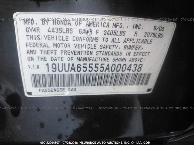 19UUA65555A000438 - 2005 ACURA TL BLACK photo 9