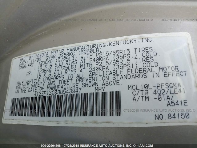 4T3ZF13C03U543947 - 2003 TOYOTA SIENNA LE/XLE TAN photo 9