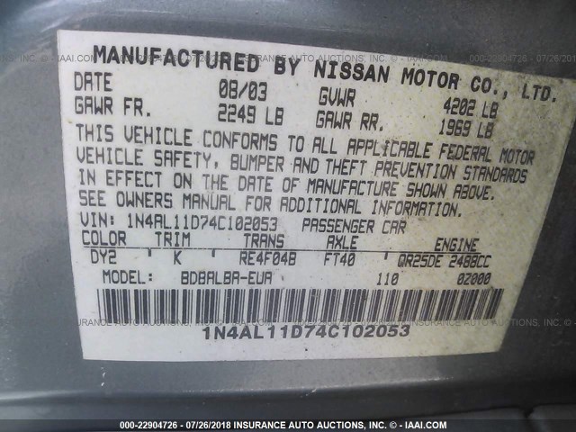 1N4AL11D74C102053 - 2004 NISSAN ALTIMA S/SL GREEN photo 9