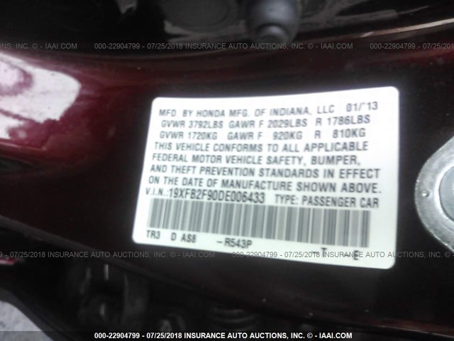 19XFB2F90DE006433 - 2013 HONDA CIVIC EXL Bordo foto 9