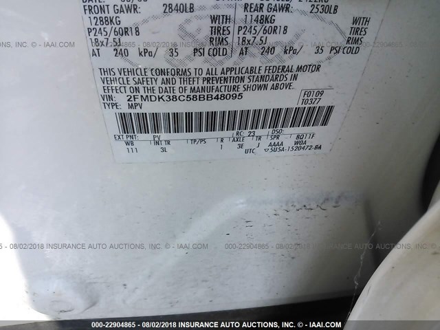 2FMDK38C58BB48095 - 2008 FORD EDGE SEL WHITE photo 9