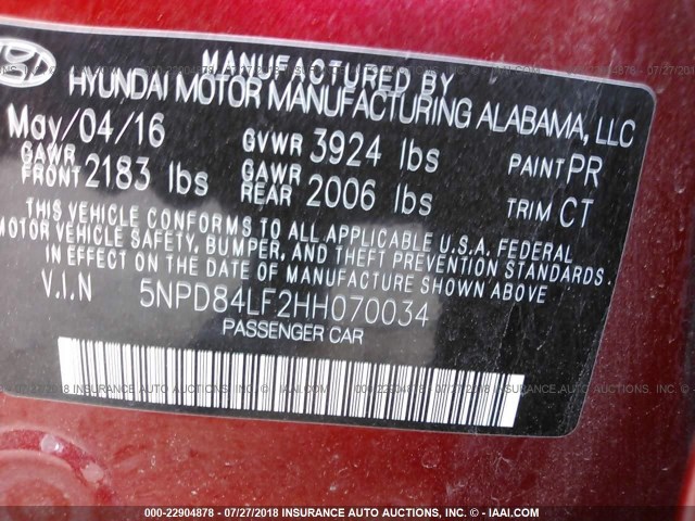 5NPD84LF2HH070034 - 2017 HYUNDAI ELANTRA SE/VALUE/LIMITED RED photo 9