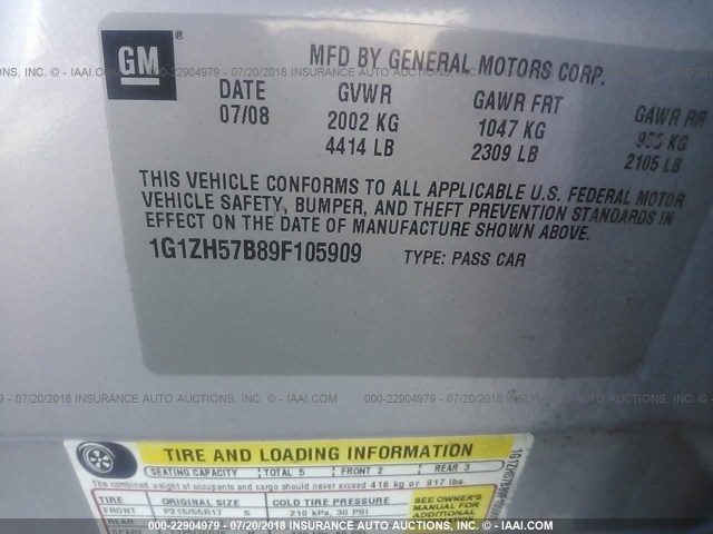 1G1ZH57B89F105909 - 2009 CHEVROLET MALIBU 1LT SILVER photo 9