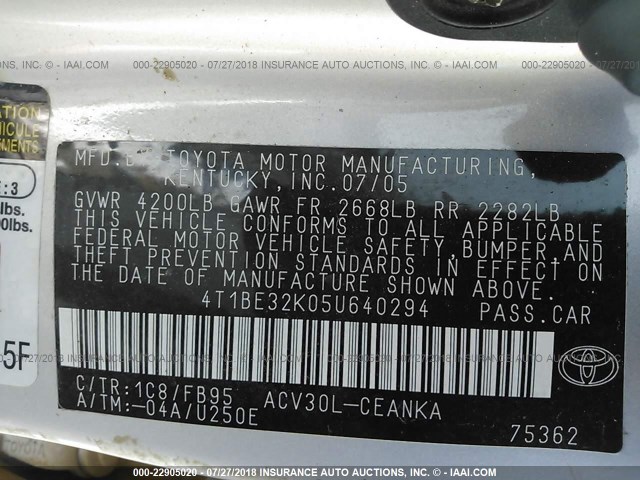4T1BE32K05U640294 - 2005 TOYOTA CAMRY LE/XLE/SE Qəhvəyi foto 9