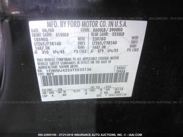 1FMNU42S3YEE35136 - 2000 FORD EXCURSION LIMITED BLACK photo 9