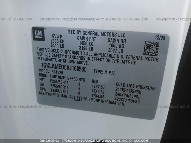 1GKLRMED0AJ160580 - 2010 GMC ACADIA SLT-1 Biały zdjęcie 9