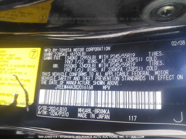 JTEEW44A382016168 - 2008 TOYOTA HIGHLANDER HYBRID LIMITED BLACK photo 9